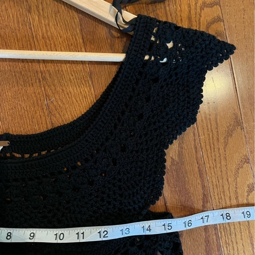 Free People | Crochet Knit‎ Top Small Black Bohemian Cap Sleeve Linen Cotton